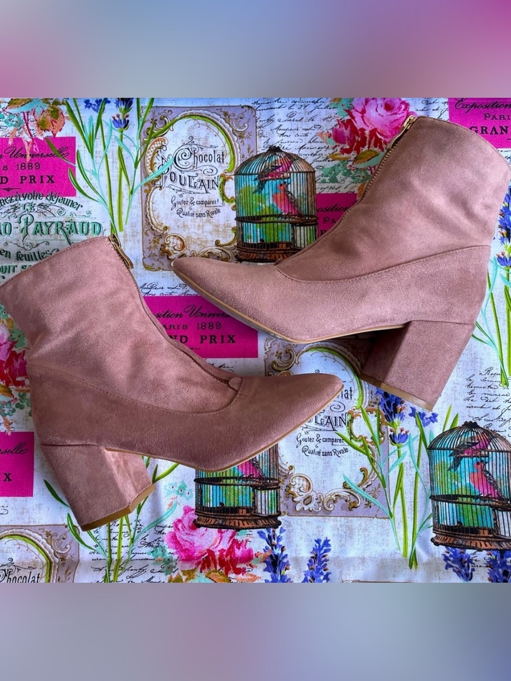 Hot Kiss Pink Faux Suede Gold Front Zip Ankle Boots Booties